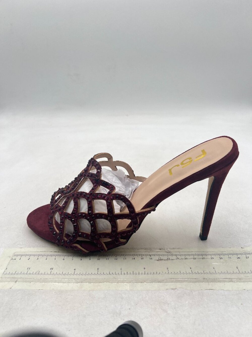 FSJ Burgundy Vegan Suede Rhinestone Open Toe Cutout High Heel Mules - Picture 2 of 8